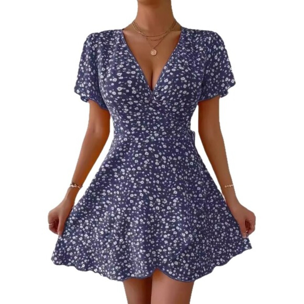 Women's Purple Floral V-Neck Short-Sleeve Tie-Waist Mini Dress